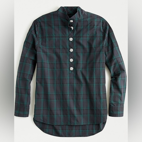 J. Crew Jeweled button popover tunic in Black Green Watch tartan size 6 - Picture 1 of 8